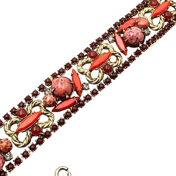Vintage Juliana Coral Glass Rhinestone Rare Twisted Gold Rope Design Bracelet - Picture 1 of 6